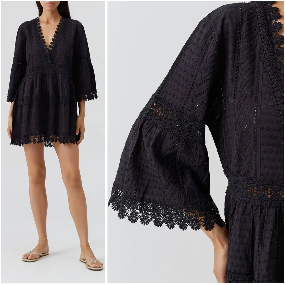 Melissa Odabash Victoria Broderie Anglaise Tiered Mini Dress Black Medium - Picture 2 of 12